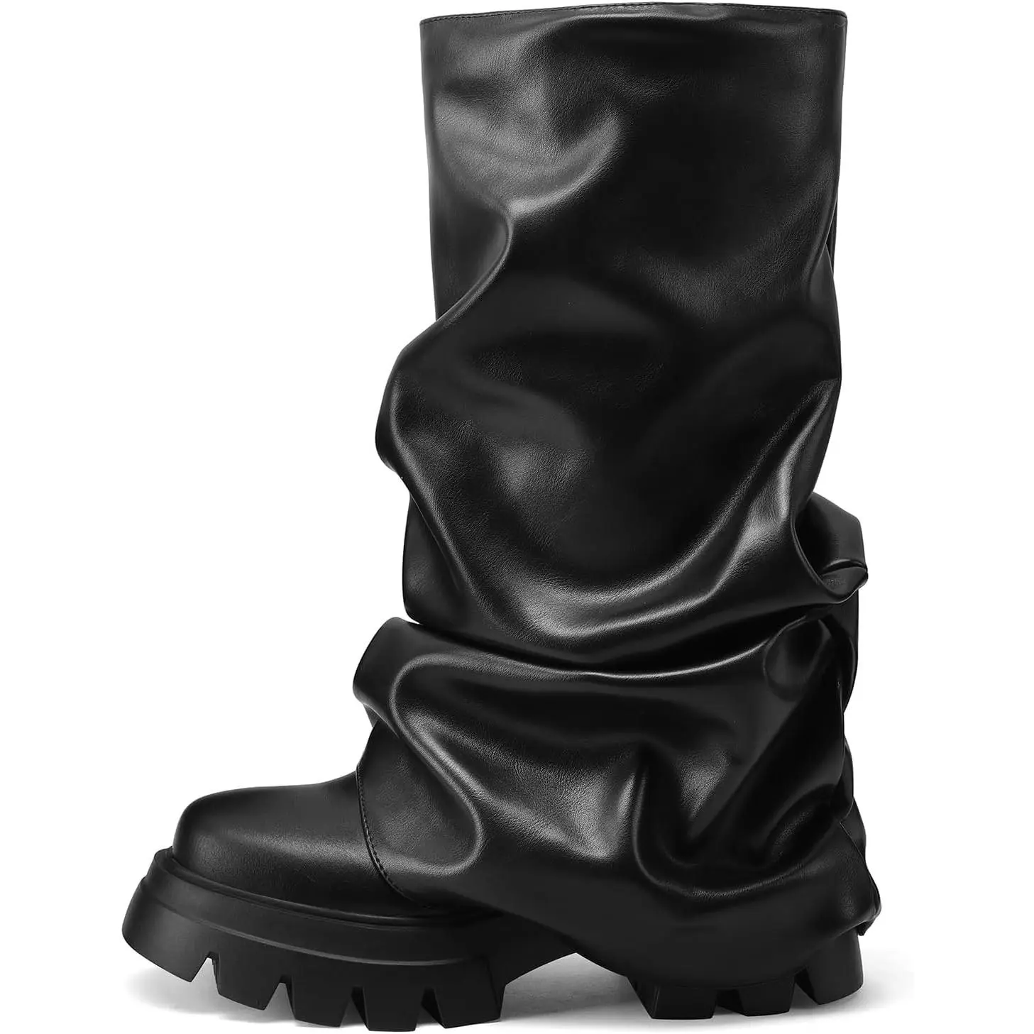 Women's Fold Over Boots Slouchy Boots Wide Calf Pleated Platform Boots Glitter Metallic Silver Boots Chunky Stacked Boots Mid Calf Boots