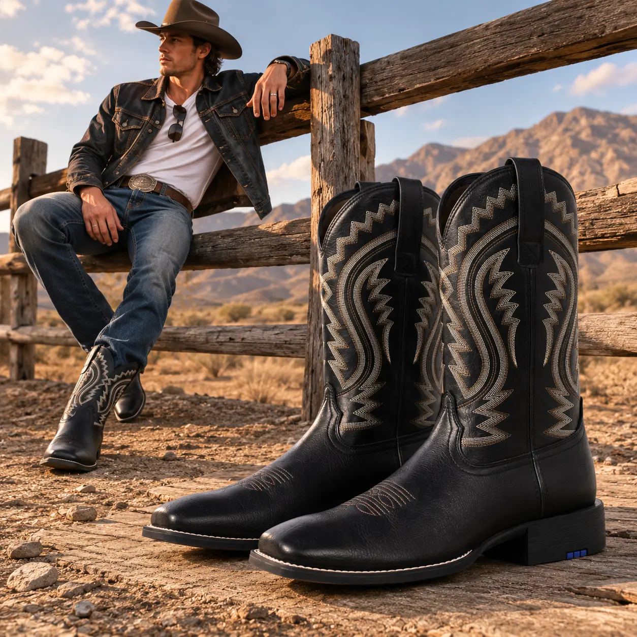Palitutu Black Square-Toe Western Cowboy Boots—mid-calf boots featuring vintage-style stitched embroidery and a durable, non-slip rubber sole; versatile, easy to wear, and stylish. #CowboyBoots #WesternStyle #WomensBoots #Footwear