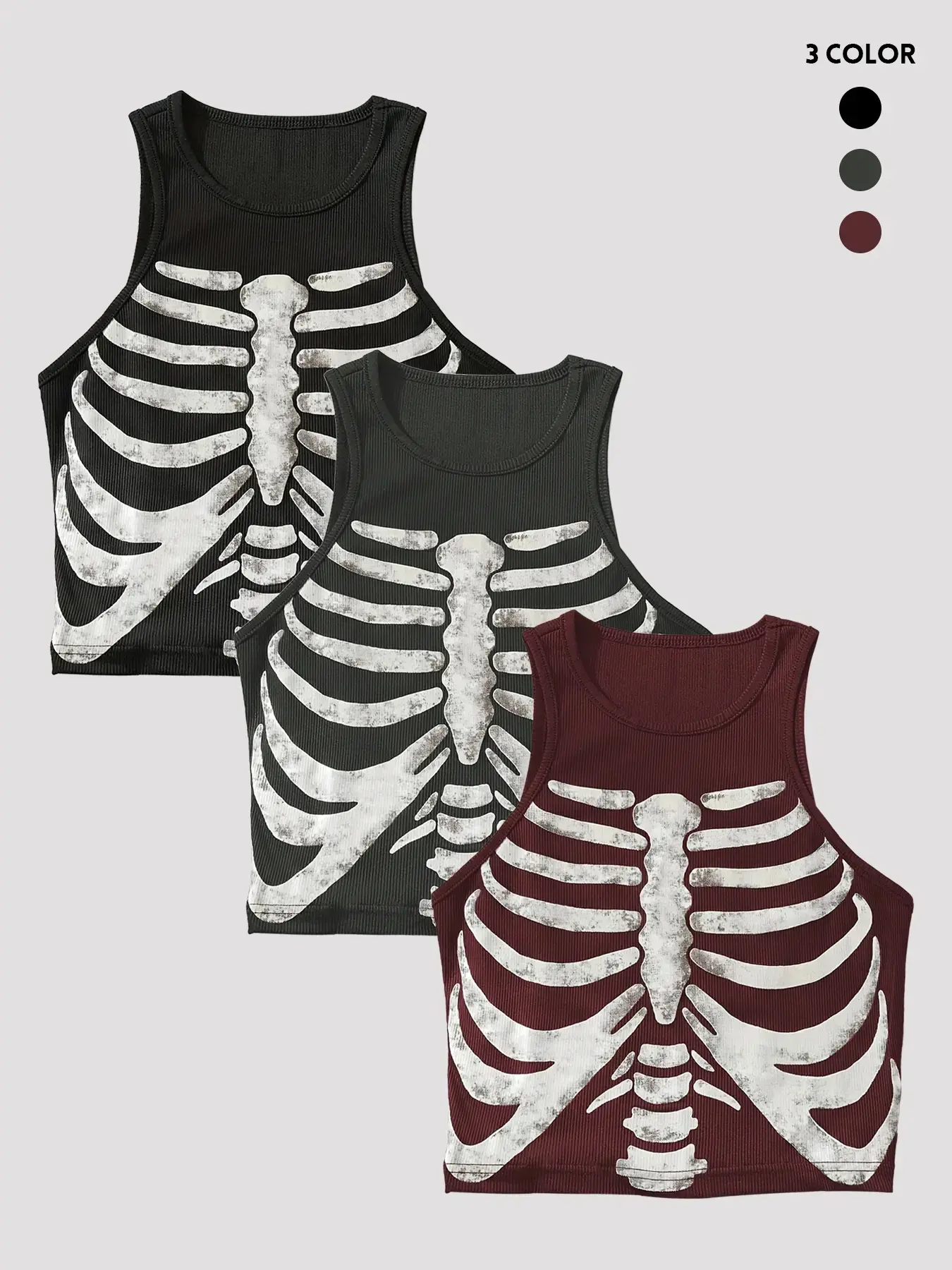 Women's Skeleton Print Round Neck Fitted Elastic Tank Top, Summer Clothes Women, Fashion Casual Crew Neck Sleeveless Top For Daily Holiday Vacation, Ladies Summer Clothes, Halloween, Womenswear