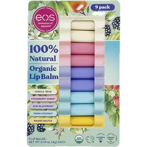 EOS Evolution of Smooth 100% Natural Organic Lip Balm Variety Pack 9 Pack Vanilla Bean Strawberry Sorbet Acai Blackberry Fresh Coconut Mango Nectar Flavors 0.14 Ounce Each