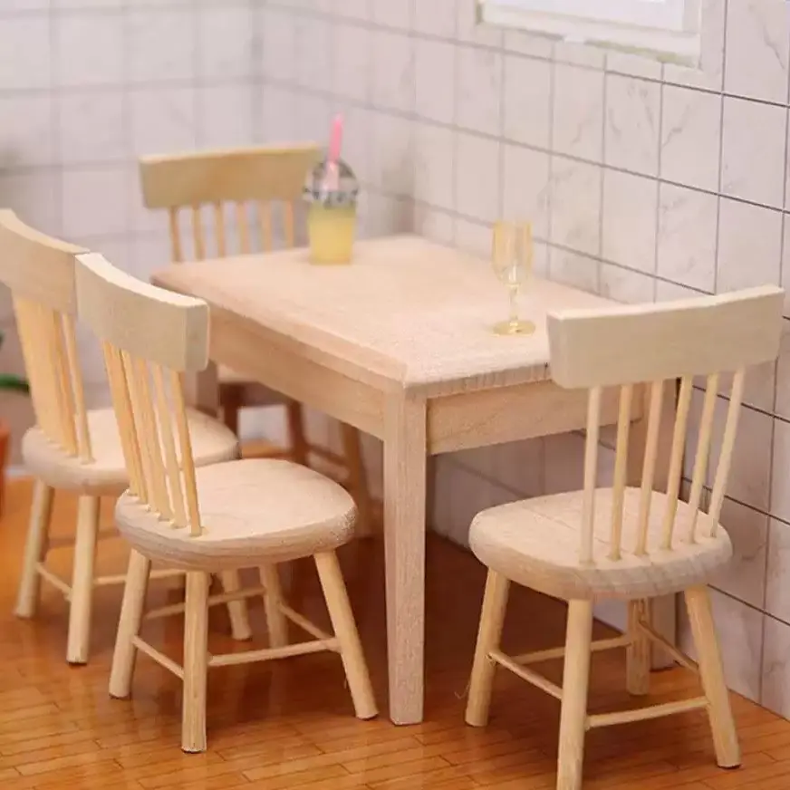 Mini Wooden Table and Chair Set, 1:12 Scale Decorative Accessories Doll Furniture for Dollhouse, Ideal Gift for Children and Collectors