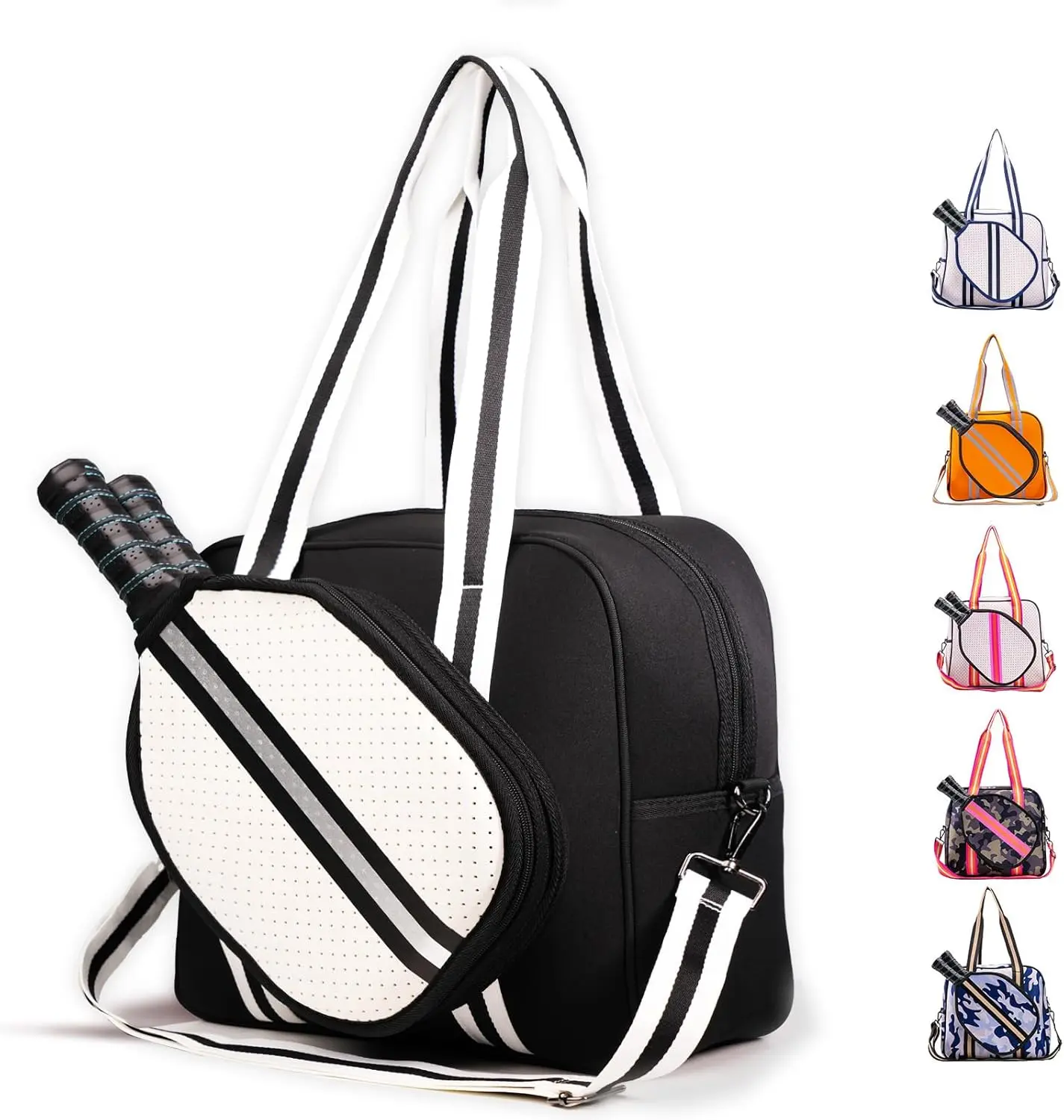 Pickleball Tote and Crossbody Bag for Women & Men, Neoprene Court Carryall with an Adjustable Strap, 3 Pockets, and Water Bottle Slot