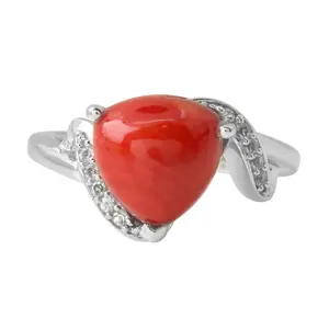 925 Sterling Red Bamboo Coral & White Topaz Ring