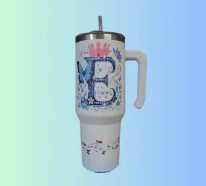Personalized Tumbler 40 OZ - Magic Design with Initial & Crowns, Ergonomic Handle, Transparent Lid, High-Quality Sublimation, Perfect Gift for Girls, Teens, Moms, Teachers, and Design Lovers