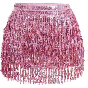 Belly Dance Hip Scarf Sequin Tassel Skirt Wrap Sparkly Rave Costume for Women