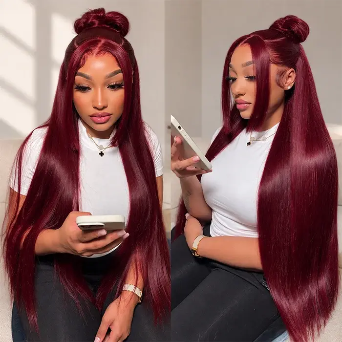 Female Black Cherry Glueless HD Frontal Lace Wig, 13x6 Transparent Cover, 200 Density Straight Human Hair, Pre-Plucked, Pre-Bleached Small Knots, Natural Hairline, Drawstring, Heat Resistant Glueless HD Wigs