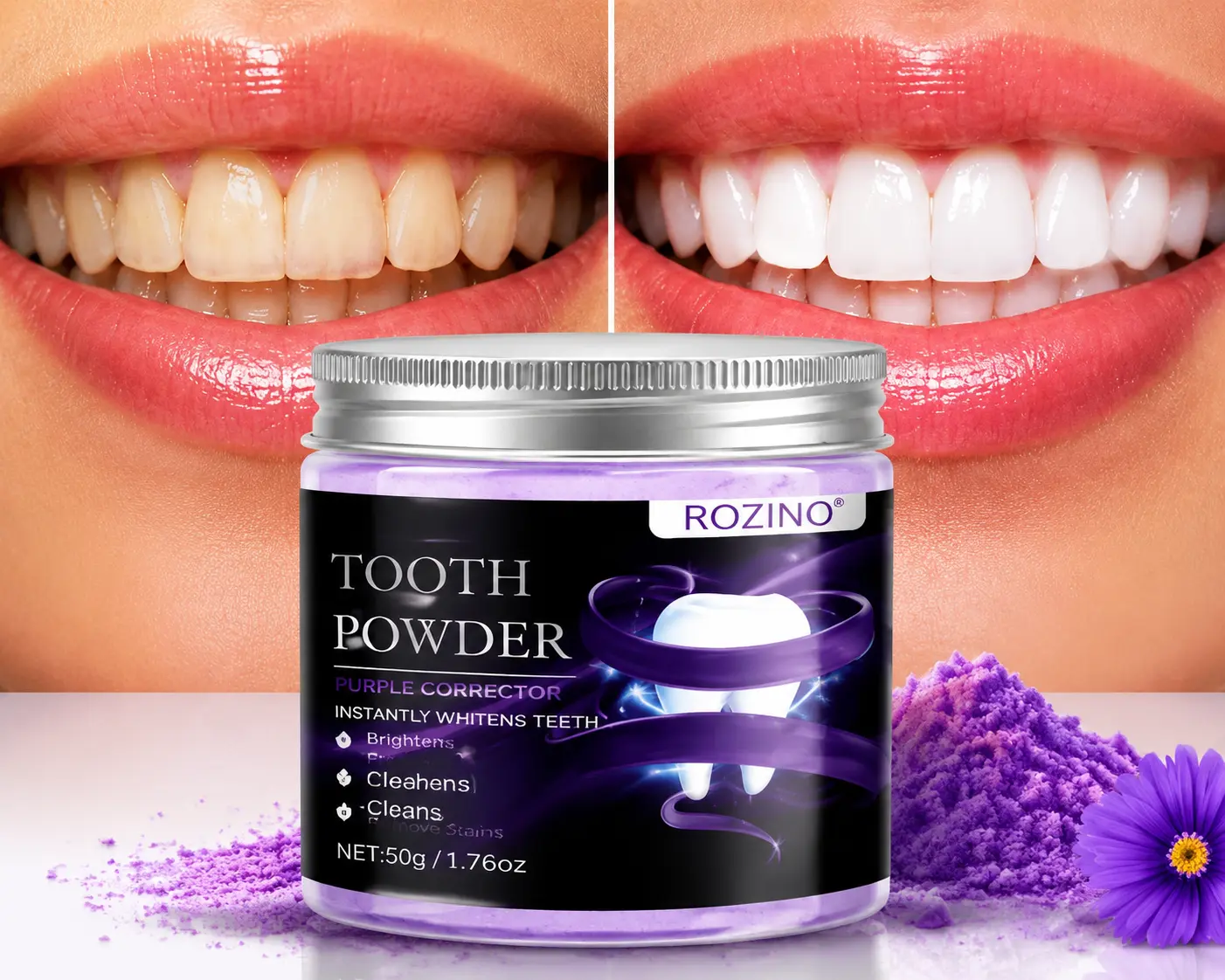 ROZINO Purple Tooth Powder - Natural Teeth Cleaning Powder with Plant-Based Ingredients, Fresh Breath Support, Daily Oral Care for a Brighter-Looking Smile, 50g Gentle Lightweight