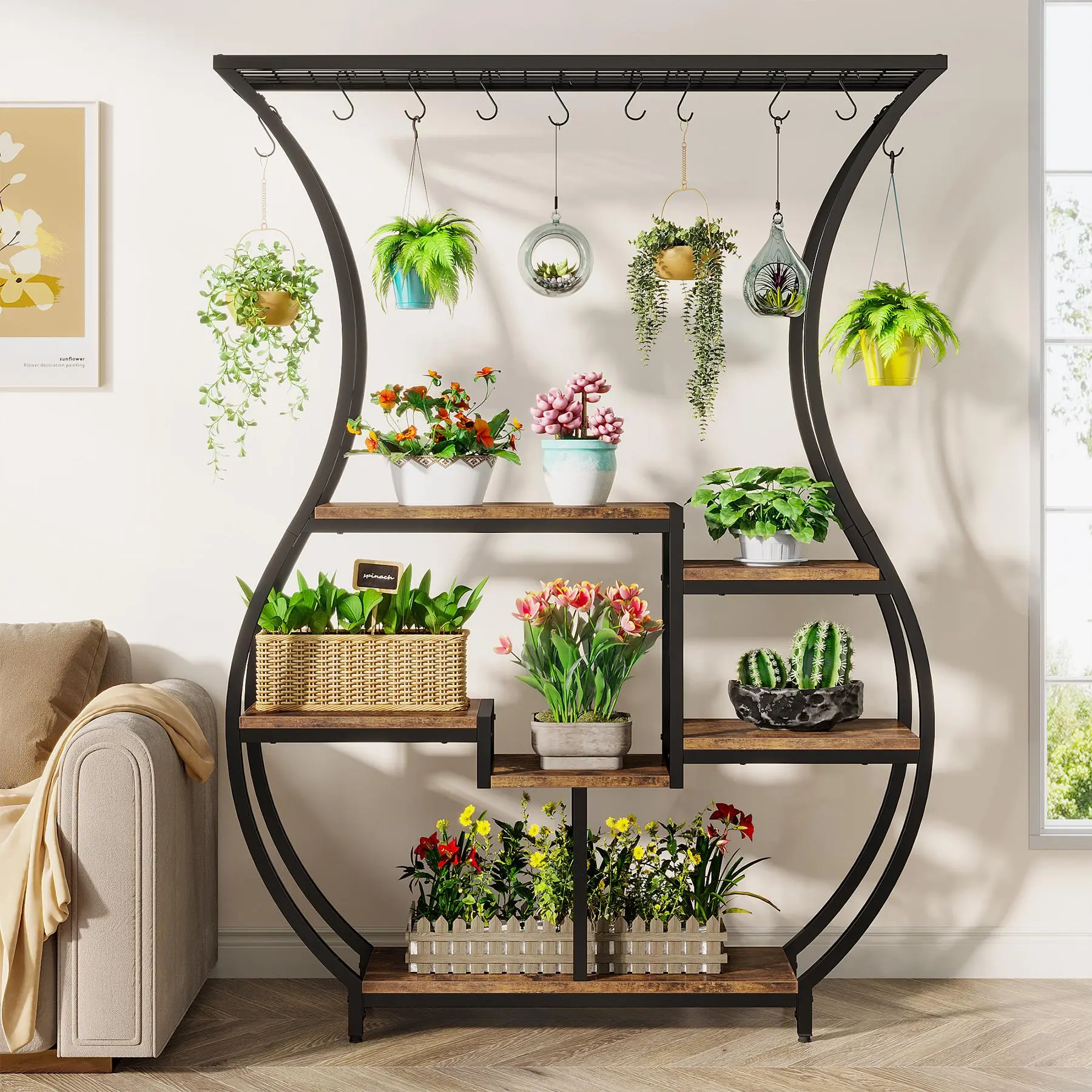 TRIBEWOOD 6-Tier Plant Stand, 70.9 Inch Tall Plant Shelf with 10 Hanging Hooks, Vase Shape Ladder Plant Stand, Multi-Purpose Plant Display Rack for Indoor, Balcony, Living Room