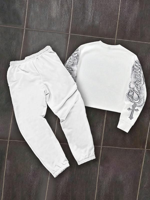 Men's Angel Print Warm Hoodie and Drawstring Waist Sweatpants Set, Casual Fitted Two-Piece, Spring & Fall Fashion