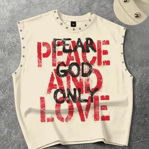 Fear god only slogan, Loose tank tops, loose fitting vest for both men and women, metal rivet hot plate short vest, American retro letter vest, summer clothes, European and American street fashion brand vest, men's Y2K summer vest, Streetwear, GOD