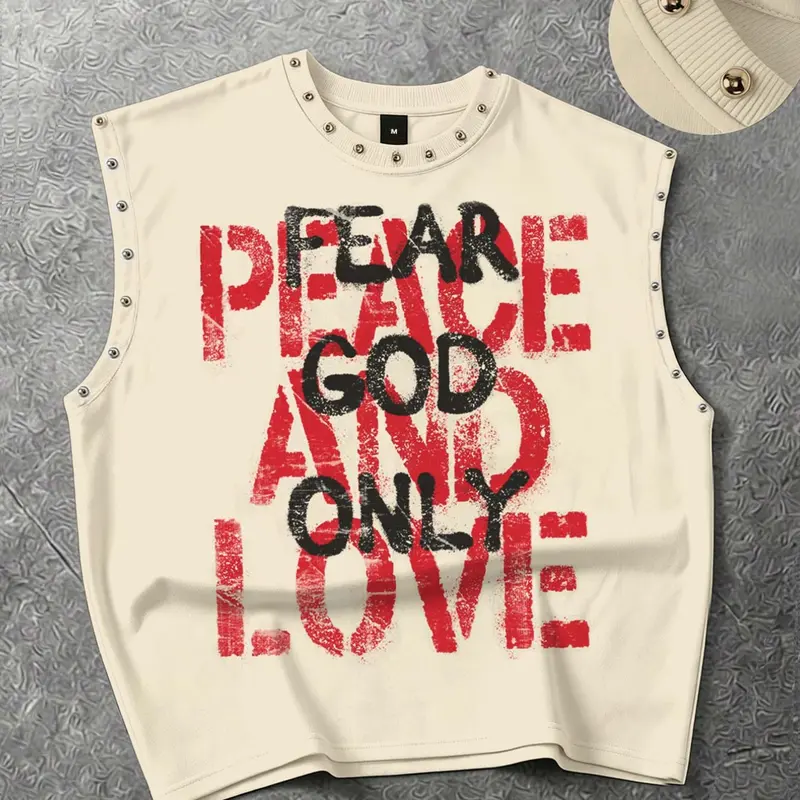 Fear god only slogan, Loose tank tops, loose fitting vest for both men and women, metal rivet hot plate short vest, American retro letter vest, summer clothes, European and American street fashion brand vest, men's Y2K summer vest, Streetwear, GOD