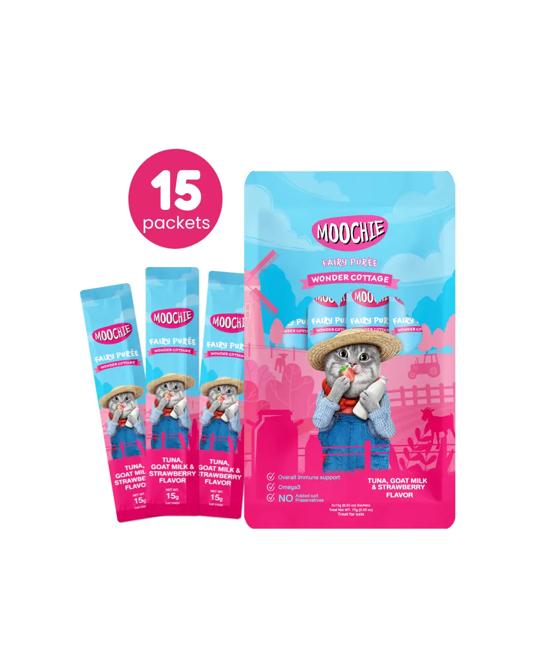 15 Lickable Cat Treats Sachets – Moochie Creamy Puree Tubes, Tuna, Goat Milk & Strawberry – High Protein, Grain-Free, Fun & Healthy Cat Snack