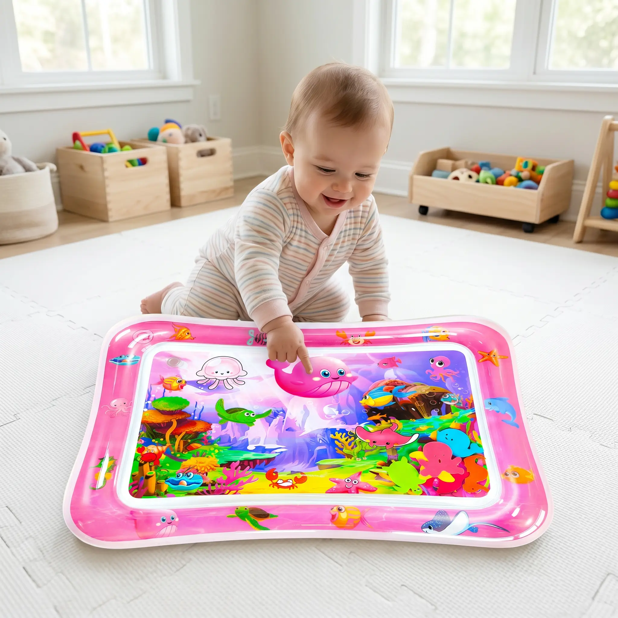Inflatable Tummy Time Water Mat for Infants 3-24 Months - Seabed Pattern, Marine Animal Design, BPA-Free, Leak-Proof Sensory Water Toy, Toddler Gift Item