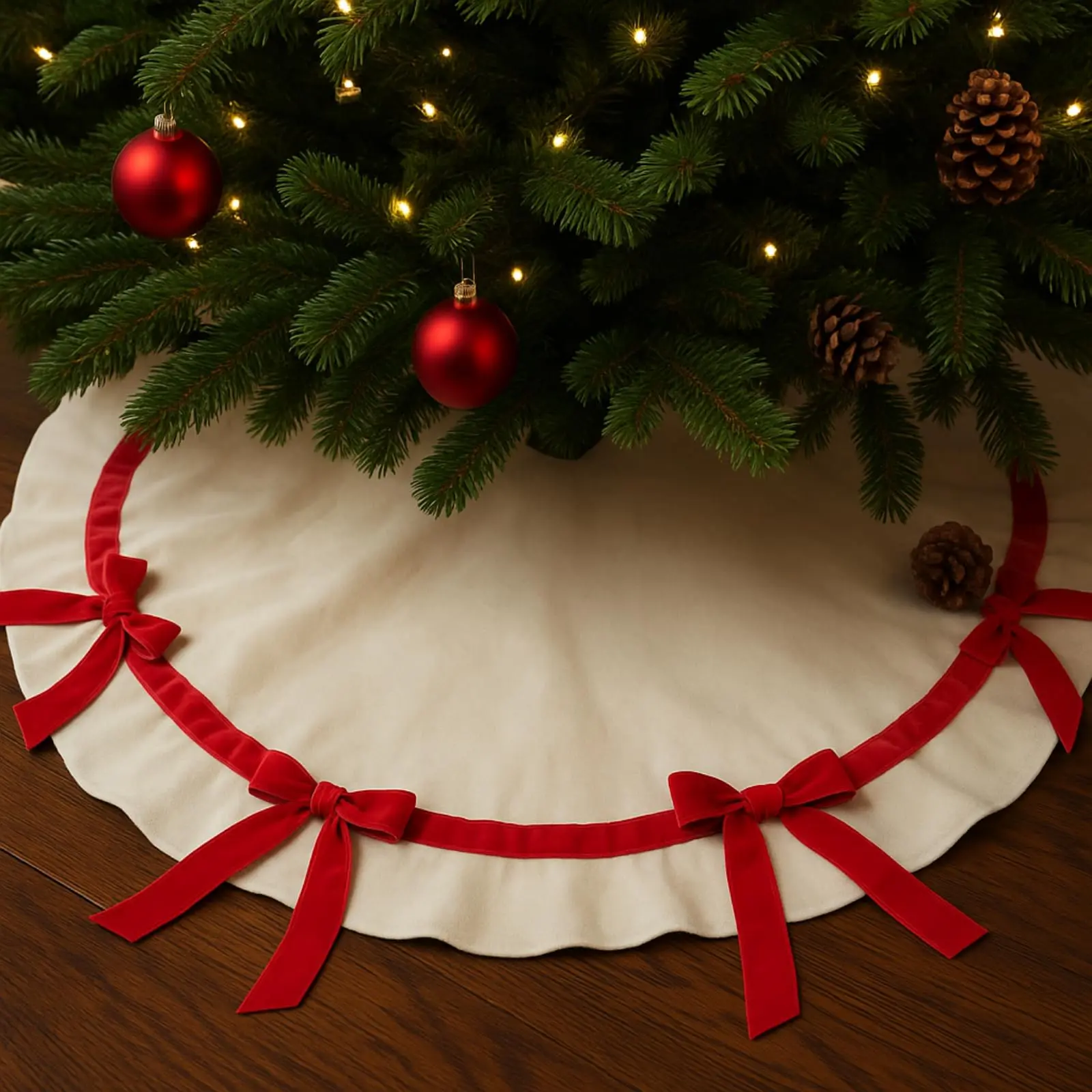 30" Scallop Velvet Christmas Tree Skirt with Elegant Christmas Bow - Home Supplies for Hotels, Parties, Winter Holiday Indoor Decor, Keeps Decoration Neat, Durable Felt