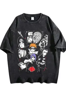 Naruto Akatsuki Members Graphic T-Shirt, Vintage Washed Distressed Oversized Anime Tee, Retro Red Cloud Ninja Villain Streetwear Top for Men Women, Anime Lover & Naruto Fan Gift Shirt