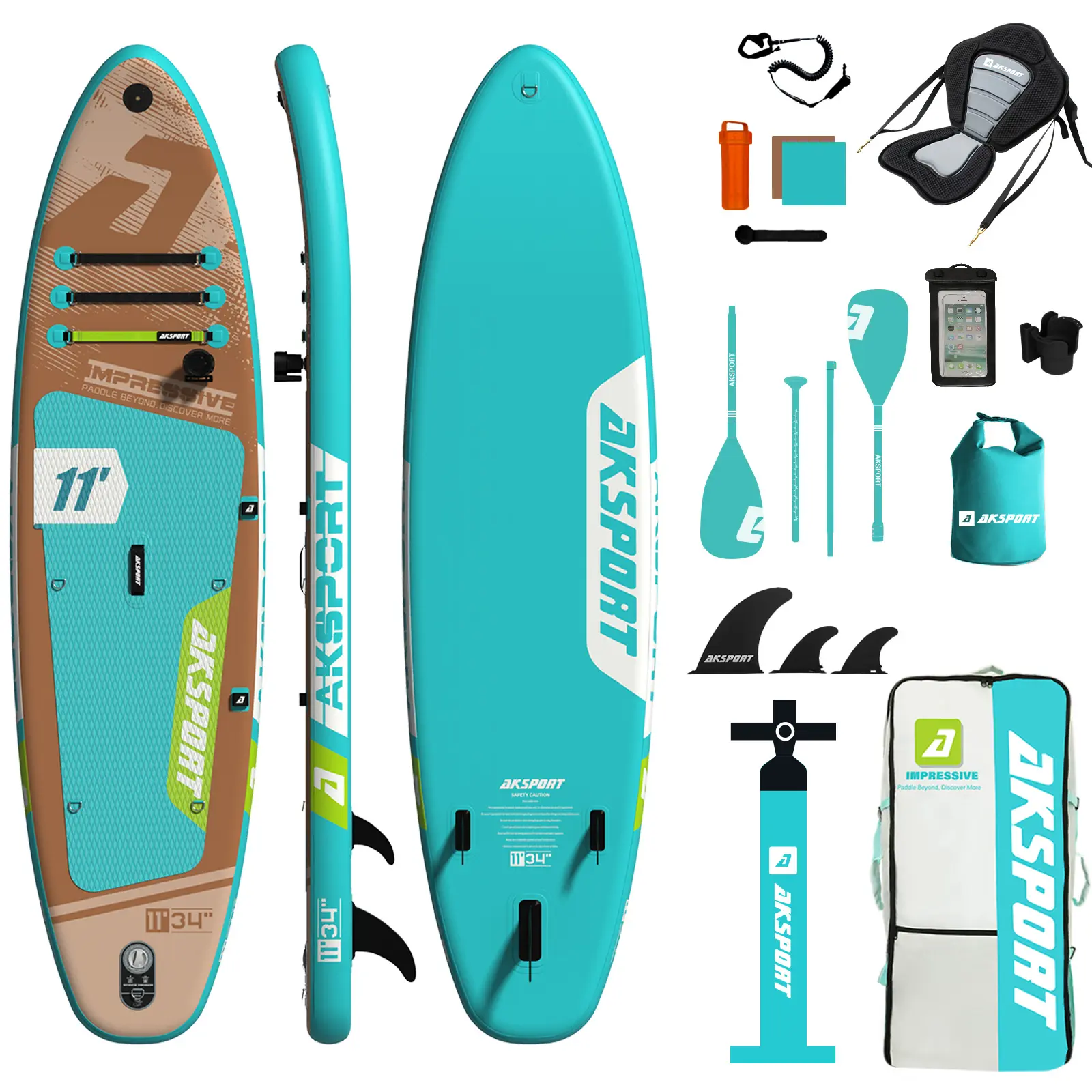AKSPORT 11' Inflatable Stand-Up Paddle Board with Upgraded SUP Accessories Kit | Extra Wide 34" Design | Non-Slip Deck | Premium SUP Board for Adults & Youth of All Levels