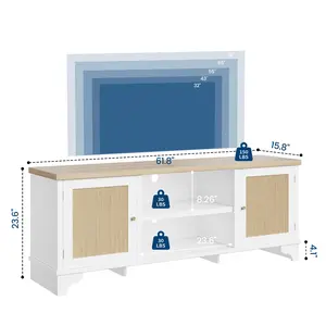 Garvee Rattan Entertainment Center with Cabinets and Open Shelves, Wooden Media Console Table in White, Fits Screens Up to 65 Inches, Ideal for Living Room Storage and Display