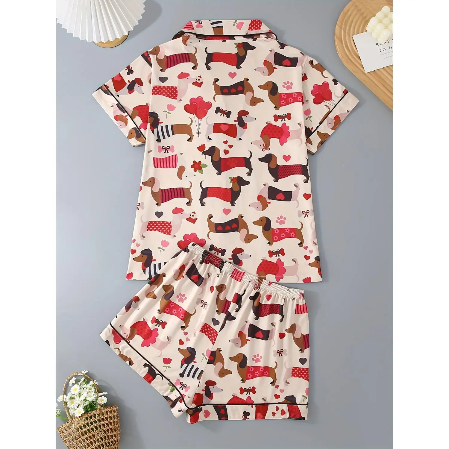 Women's Dachshund Cartoon Pajama Set - Short Sleeve, Button-Down Collar, Loose Fit for All Seasons