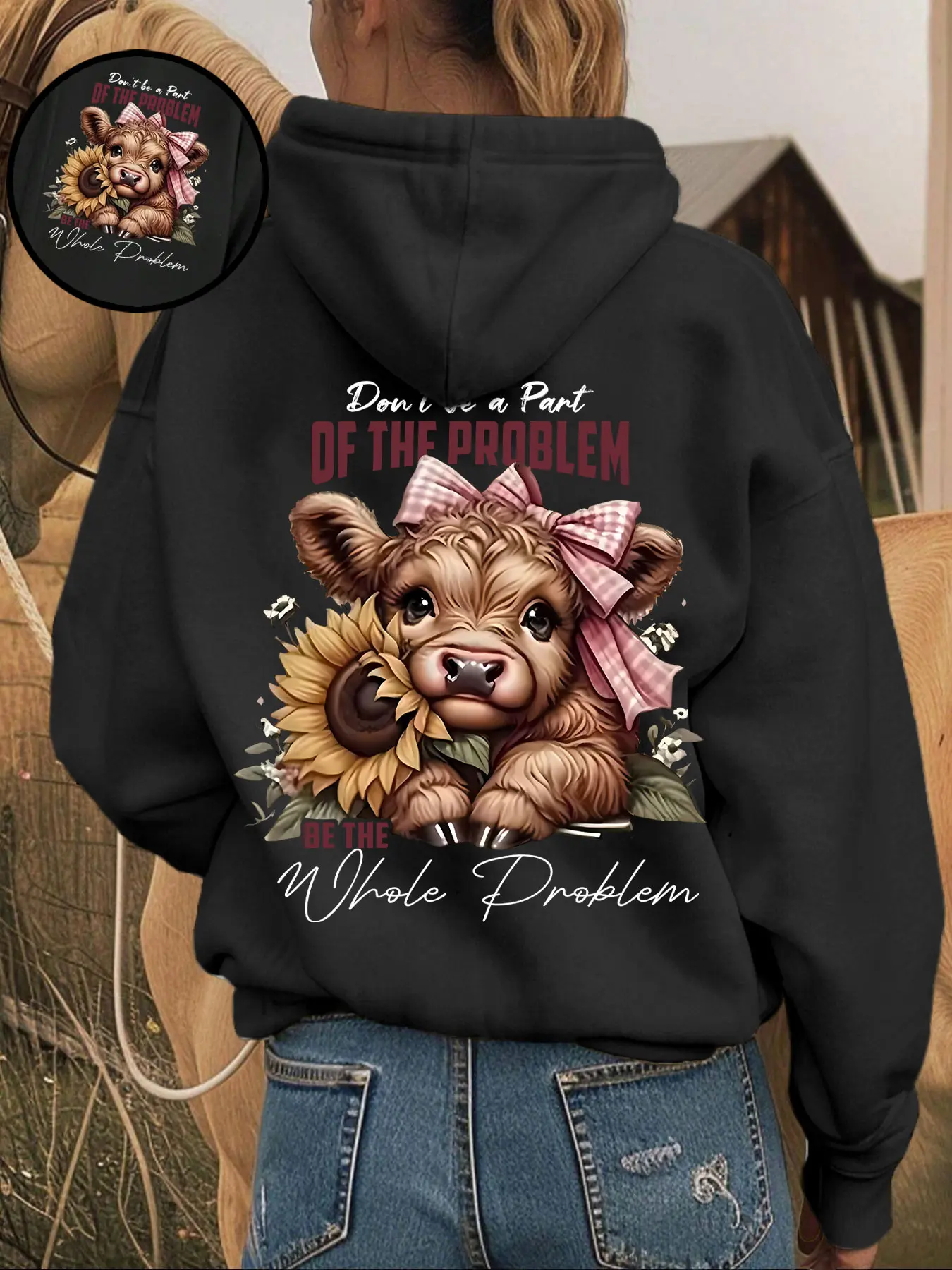 Women's Fashion Loose Fit Hooded Sweatshirt, Butterfly Knot Cow Print, Casual Fall & Winter Wear, Letter Pattern, Comfortable