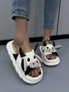 Cute Cartoon Fashion Warm Outdoor Casual Comfortable Lightweight Non-Slip Open-Toe Thick Sole Cow Design Cotton Slippers for Women