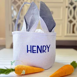 Personalized Easter Basket with White and Blue Striped Design Organiser Multicolor