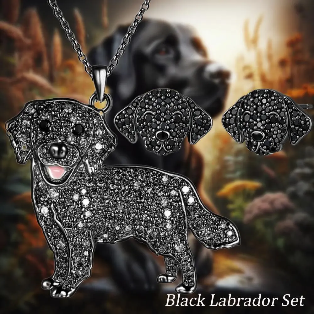 Women's 3-Pcs Black Labrador Metal Coating Jewelry Set - Stud Earrings, Pendant Necklace, Fashion Accessories, Anniversary Gift for Dog Lovers, Unisex