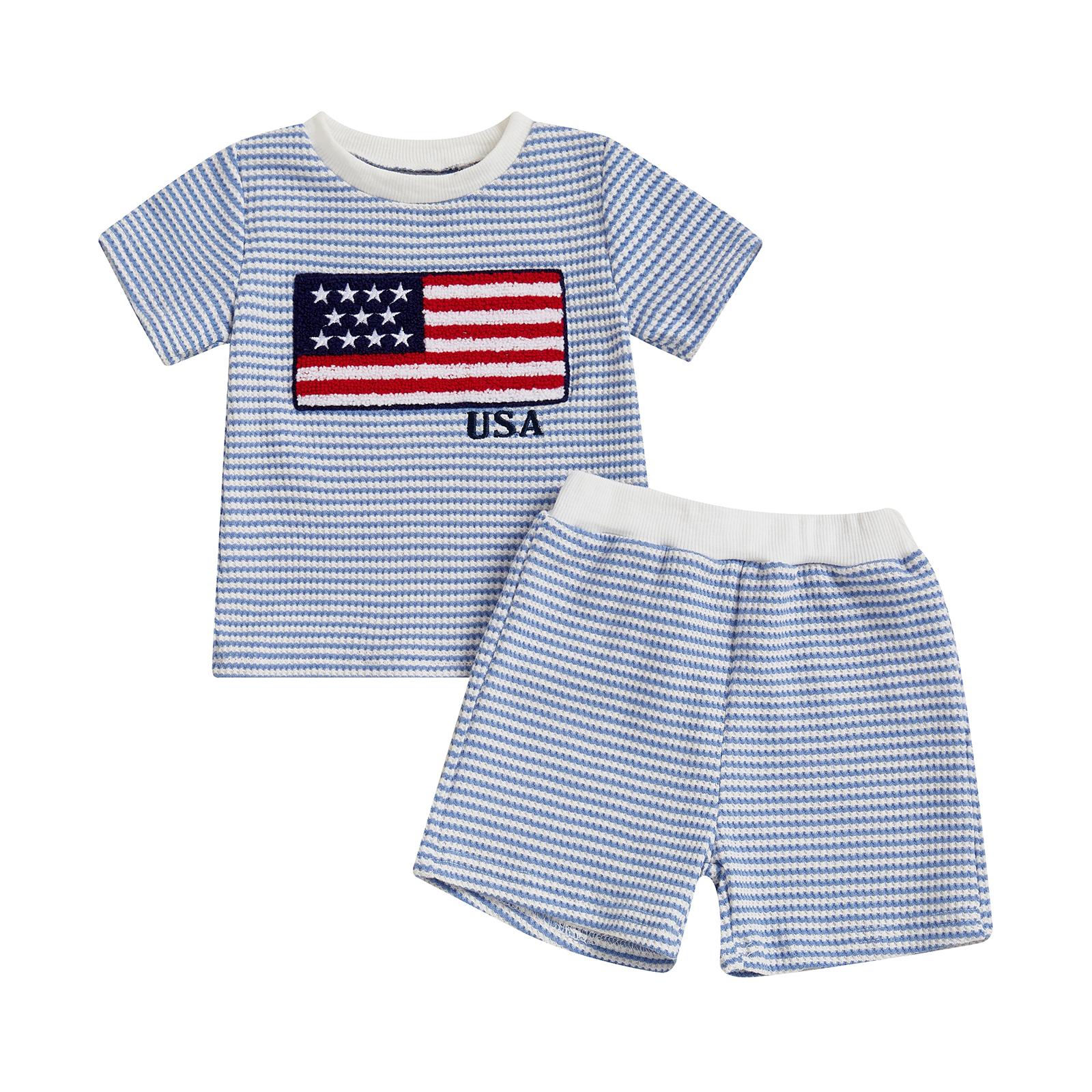 2-piece set of American flag for male infants and young children, waffle knit striped T-shirt and shorts set, patriotic summer casual wear for July 4th (0-4Y)
