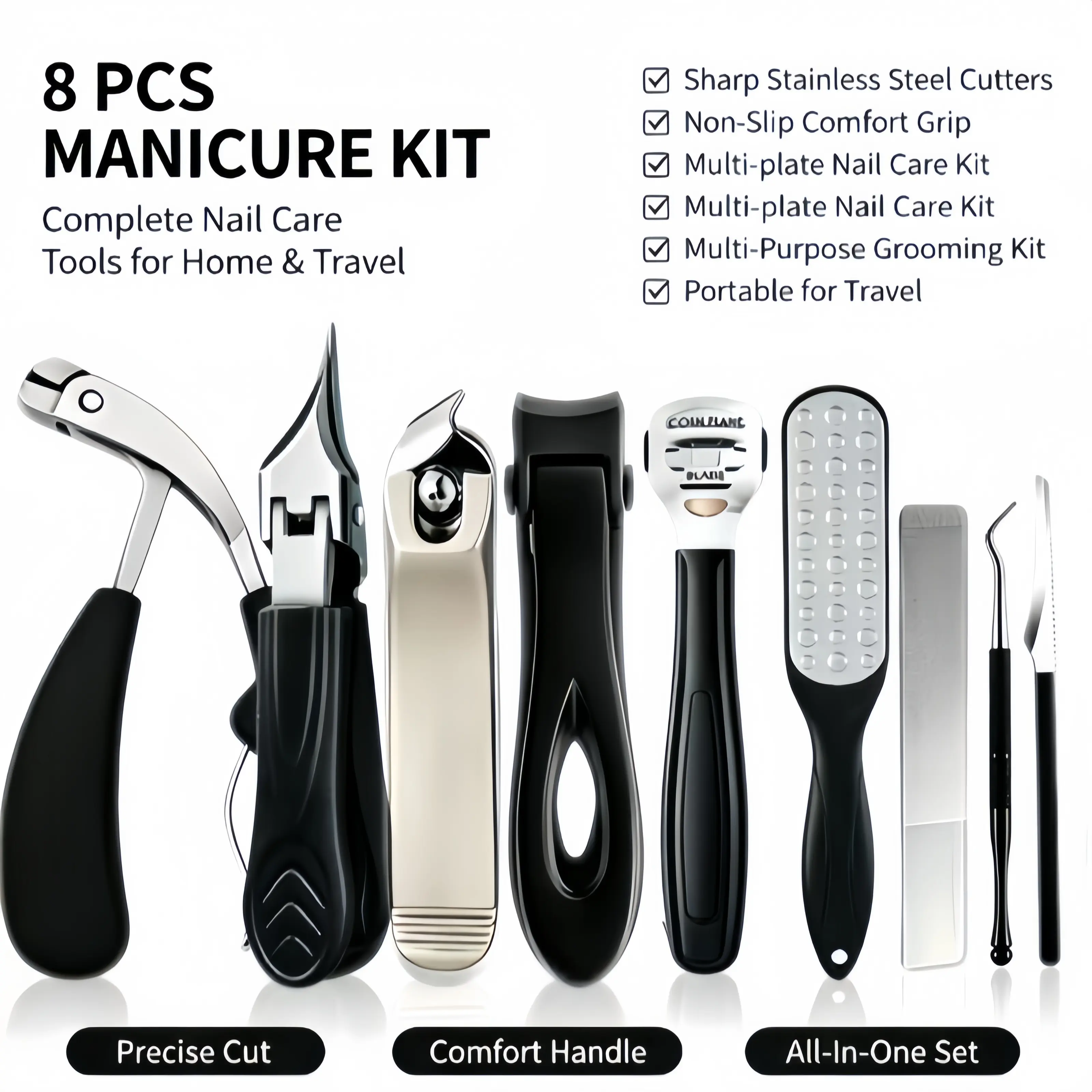 9-Piece Senior Nail Clippers Set - Curved-Blade Wide-Mouth Angled Nippers with Ergonomic Comfort-Grip Handles, Unisex Manicure Nail Care Tool Kit