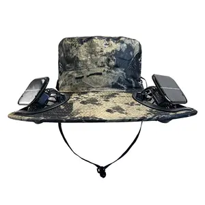 Solar Powered Dual Fan Cooling Bucket Hat Camo Wide Brim Sun Hat with 2 Fans for Outdoor Fishing & Hiking