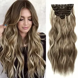 Plodon Grey-Gold Hair Extensions, 16/20/24 Inch Four-Piece Set (4/3/2/2) for Long Waves, Easy to Put On and Remove, Convenient Everyday Hair Extensions