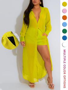 women's solid color button front shirt & shorts two-piece set, casual fashion cozy breathable outfits for daily outdoor wear, women clothes for summer