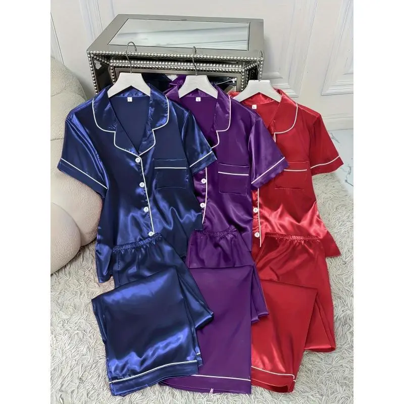 3 Sets Women's Solid Satin Casual Pajama Set, Short Sleeve Buttons Lapel Top & Pants, Comfortable Relaxed FitGift 3 Sets Women's Solid Satin Casual Pajama Set, Short Sleeve Buttons Lapel Top & Pants, Comfortable Relaxed FitGift