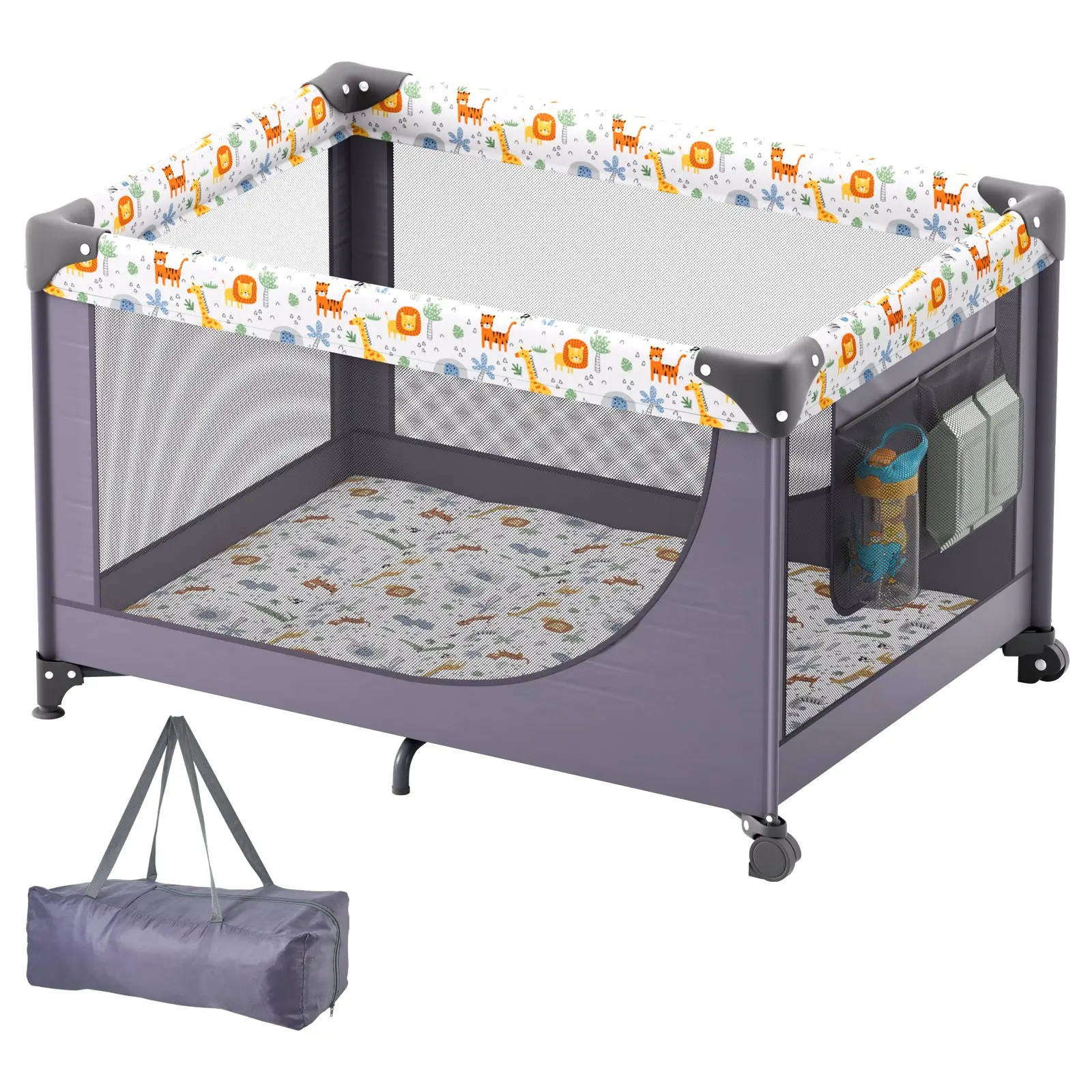 VEVOR Baby Playpen Travel Crib, Quick-Folding Playpen for Baby Toddler, Portable Baby Fence Play Yard with Wheels, Breathable Mesh Travel Bag, Indoor/Outdoor Kids Activity Center for 0-36 Months