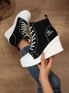Summer New Casual Height Increasing Platform Canvas Shoes for Women, Thick Sole Wedge Heel Slimming Leg High Heels Single Shoe