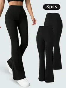 3PCS Women’s Casual Wide-Leg Pants – High Waist with Pockets, Tummy Control & Elastic Waist, Perfect for Travel & Relaxation, Sporty Leggings, Women’s Wear, Bottoms, Basic, Minimalist