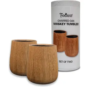 Charred Oak Whiskey Tumbler Cup (2 Pack) - Handmade Wooden Bourbon Drinking Glass - Old Fashioned Drink Glasses Gifts For Men Made From Real Barrel Wood - Set of 2