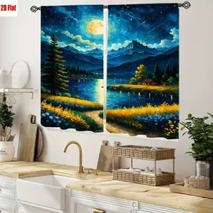 2D Flat 2Pcs Serene Night Lake Landscape Oil Painting Curtains with Full Moon and Starry Sky, Artistic Mountain Scenery for Living Room Bedroom Home Decor, Vibrant Woodland & Water Elements, All Season Drapes