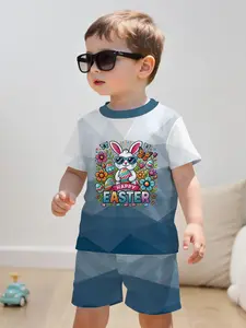 Easter Geometric Bunny Baby Boy Short Sleeve Shorts Set, Blue Gradient Print, Casual Loose-Fitting Two-Piece for Spring Summer