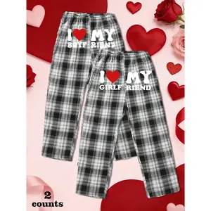 Valentine's Day Unisex Casual Plaid Sleepwear Pants Set, Soft Comfortable Fitted Design, All Seasons Wear, 2 Piece Pack