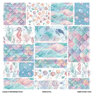 Mermaid Patchwork Element Sheet – Pastel Ocean Scales, Seahorses & Waves – Pre-Cut Printed Vinyl (10x10 or 12x12)