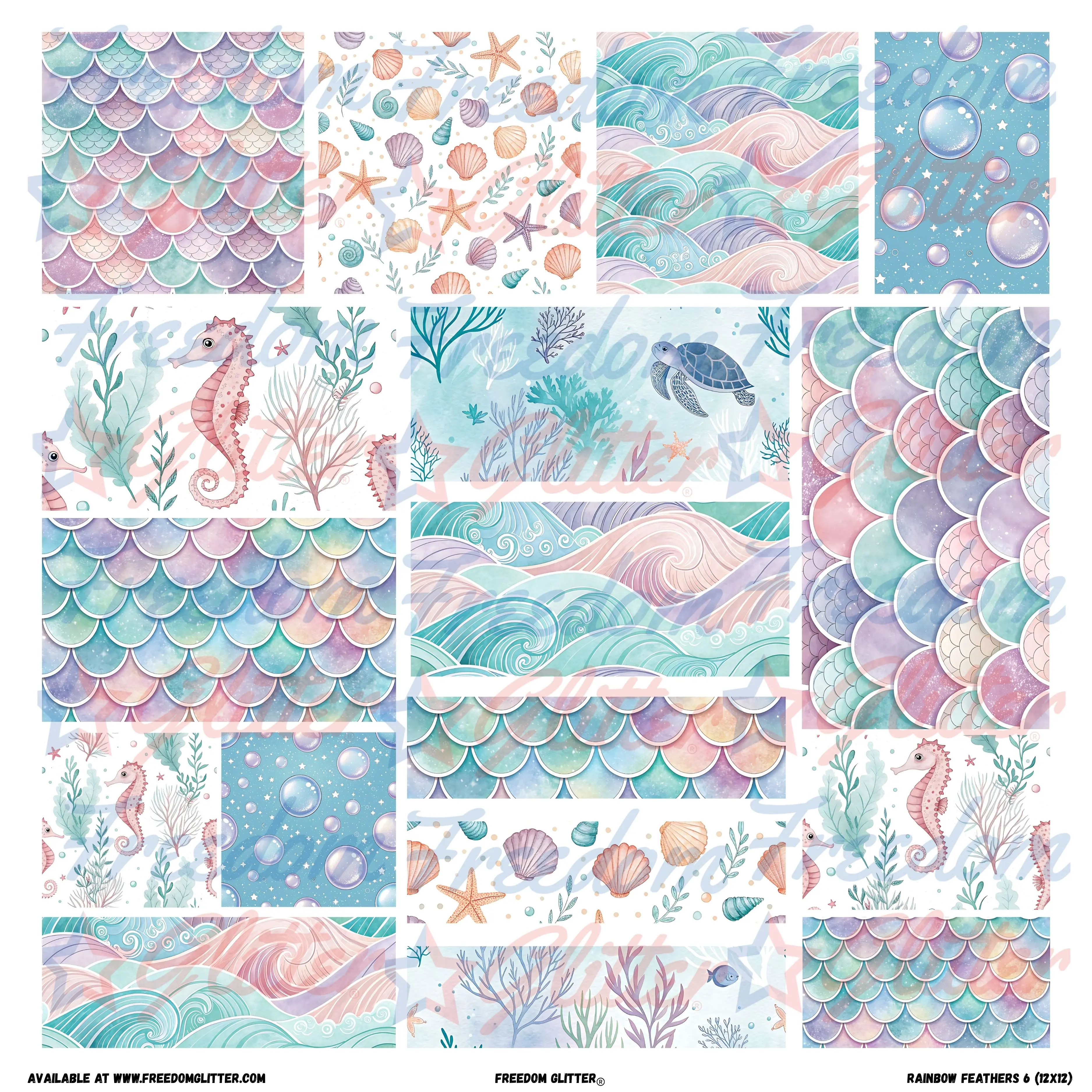 Mermaid Patchwork Element Sheet – Pastel Ocean Scales, Seahorses & Waves – Pre-Cut Printed Vinyl (10x10 or 12x12)