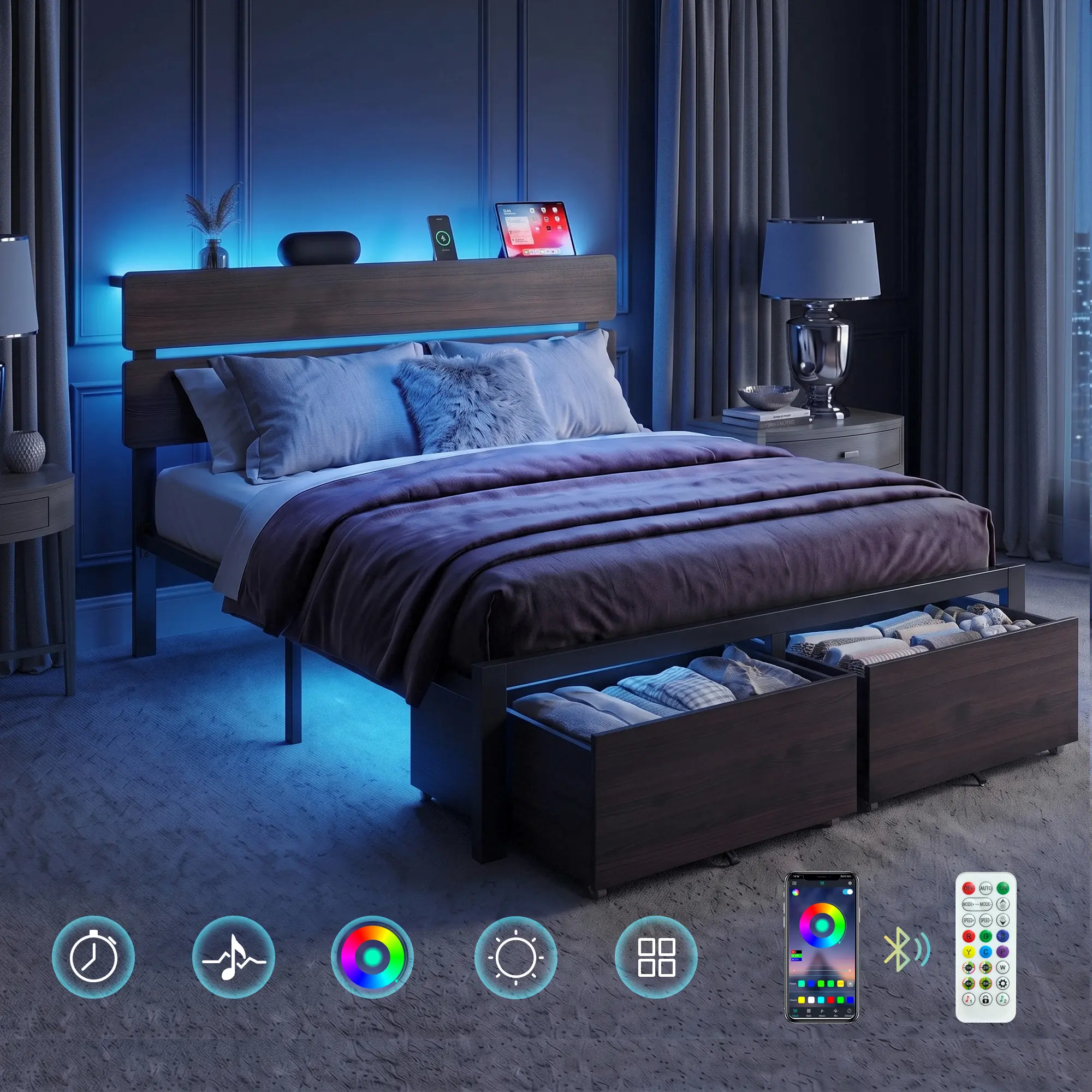 Muticor LED Bed Frame with 2 Fabric Storage Drawers, Charging Station & MDF Storage Headboard, Steel Slat Platform Bed with Underbed Storage, No Box Spring Needed