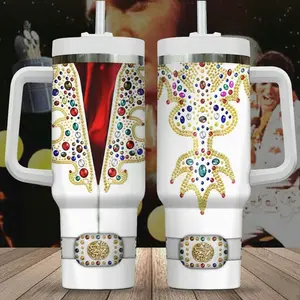 Elvis Presley 40oz Tumbler with Handle - King of Rock 'n' Roll Jumpsuit Design - Retro 70s Legend Aesthetic 40 oz Stainless Steel Cup with Straw | Gift for Elvis Fans & Collectors - Rockabilly Merch