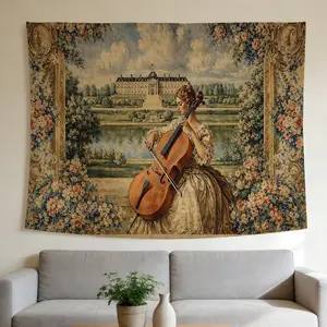 Woman Playing Cello Tapestry Rococo Baroque Style Wall Hanging Suitable for Home Decor Valentine's Day Easter St.Patrick's Day Halloween Christmas and Other Festival Decorations.