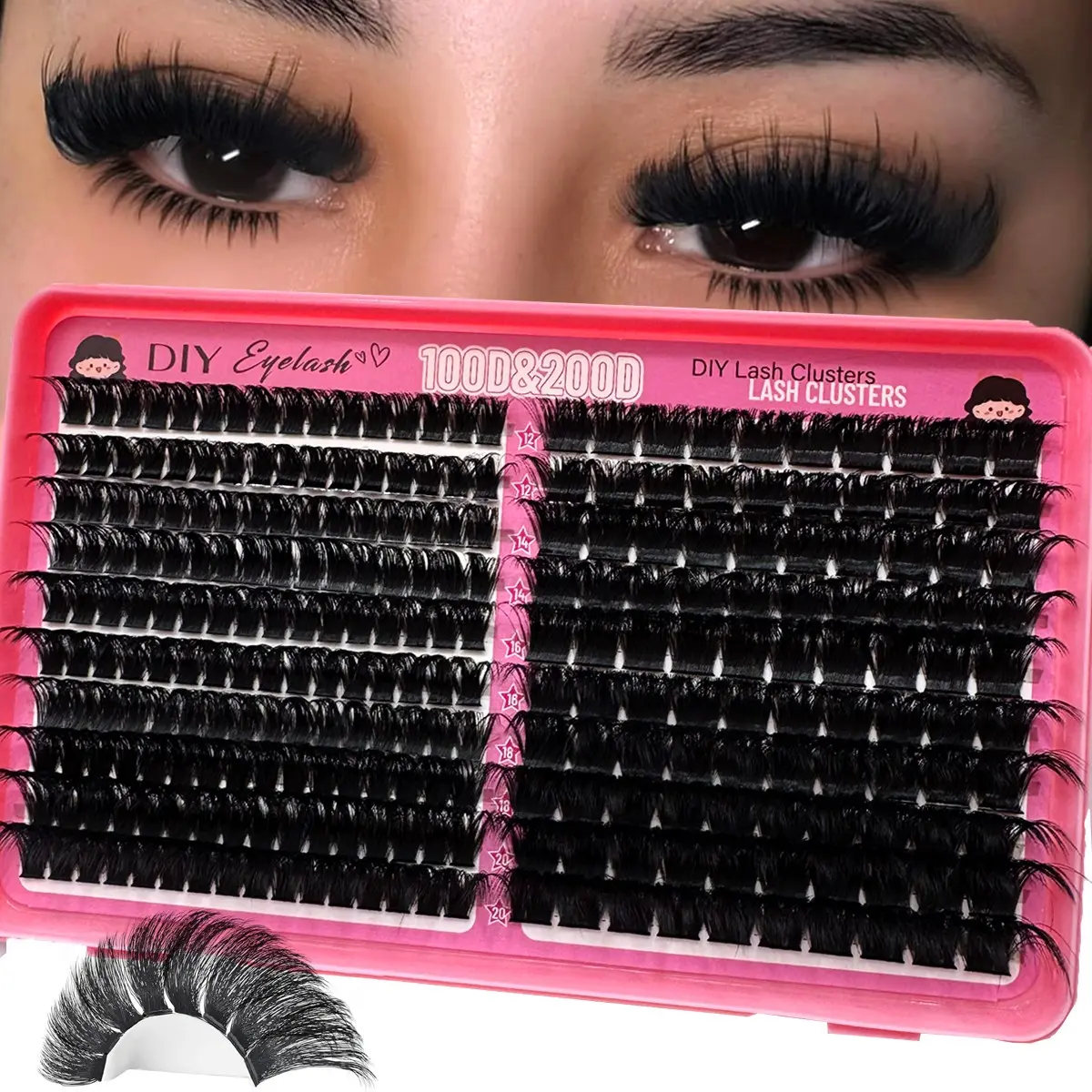 100D+200D thick eyelash clusters, 16mm and 18mm slim single thick eyelashes, D-roll curled eyelash clusters, 260pcs set, DIY eyelash grafting at home, comic style eyelash clusters, Volume eyelash clusters