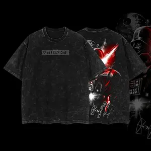 Superstyle Galactic Warrior Shadow Force "MAKE Battlefront 3" Dark Space Commander Edition Double Printed Oversize Lightweight Acid Washed Tee TV Series Graphic Design Top Cotton Streetwear Game T-Shirt Clothes Menswear Womenswear