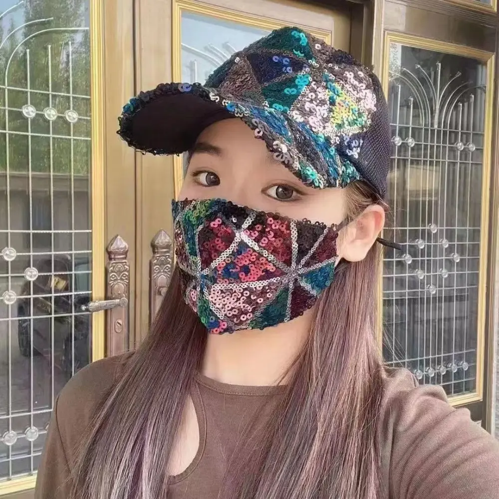 Green, plaid sequined mesh cap + mask.