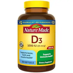 Nature Made Vitamin D3 1000 IU (25 mcg), Vitamin D Supplement for Bone, Teeth, Muscle and Immune Health Support, 300 Softgels, 300 Day Supply
