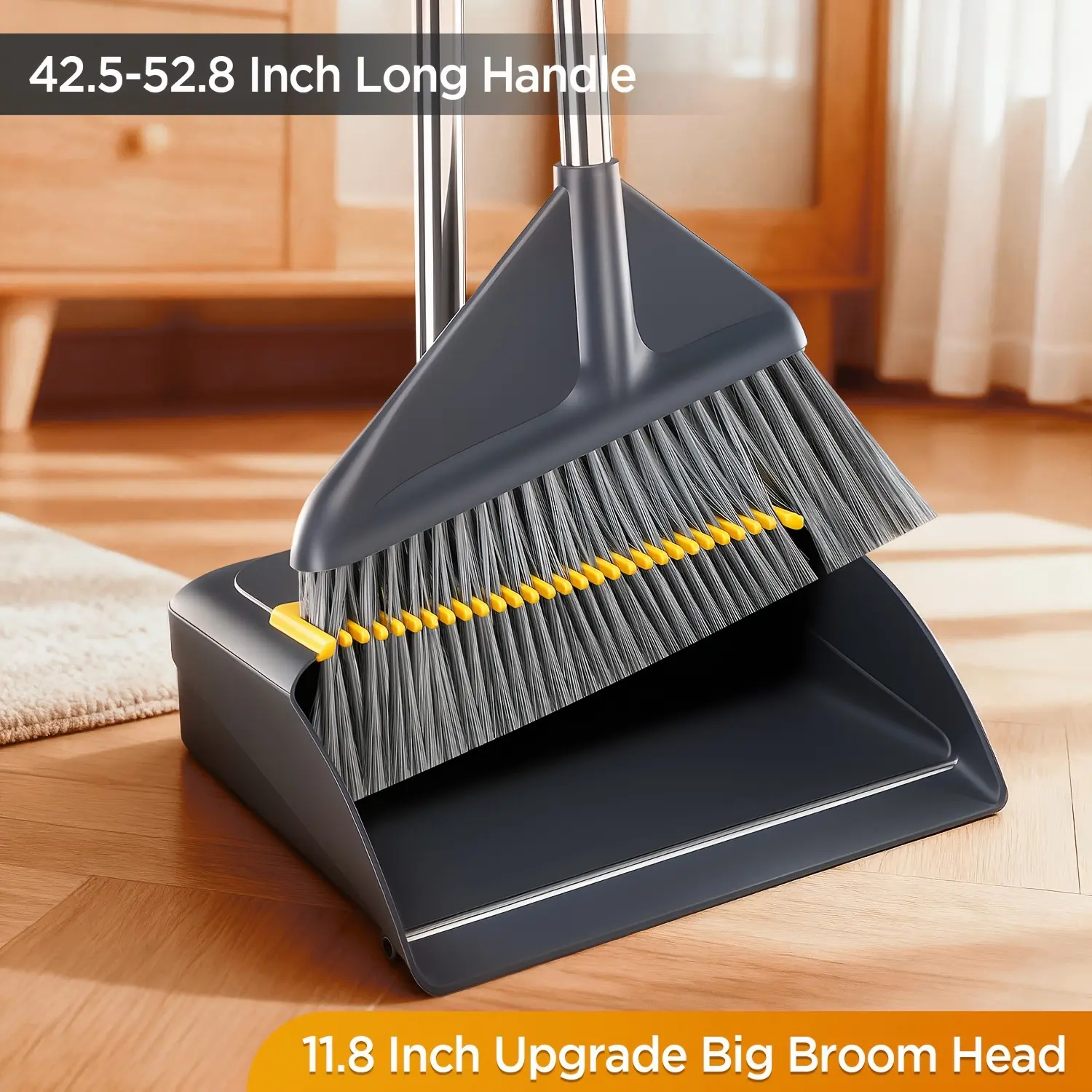 3-in-1 Heavy-Duty Broom and Dustpan Combo with Long Handle - Adjustable Height, Thickened Stainless & Metal-Reinforced Edges, Ergonomic Sweeping/Cleaning for Hard Floors, Indoor/Outdoor Use Suitable for Home, Pet Hair Cleaning