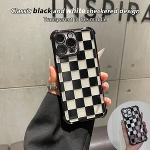 Black checkered four-corner drop-proof TPU phone case for iPhone Samsung Galaxy 17 Air 16Pro Max 15 14Plus 13 12 11 XR XS S26Ultra S25 S24 S23  Simple and stylish camera protection Shockproof Anti-Drop Shockproof Drop Protection Durable Phone Case.HY13